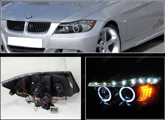 06-08 BMW E90 Black R8 Halo Angel Eyes Projector LED Headlights